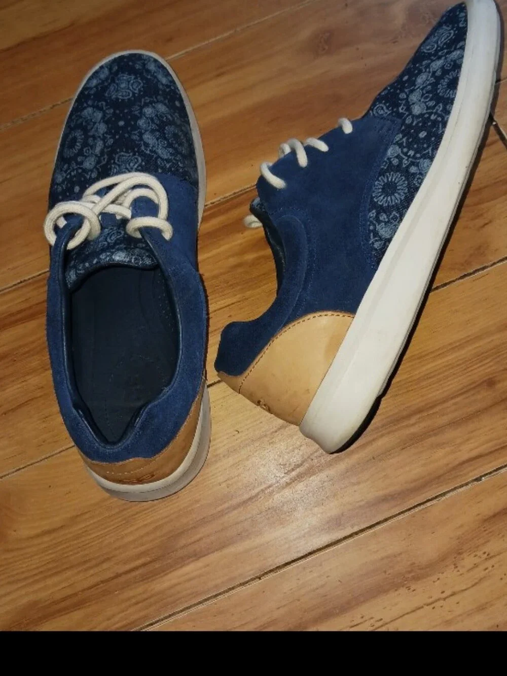 UGG Men's Navy Blue Suede & Patterned Canvas Sneakers with Tan Heel